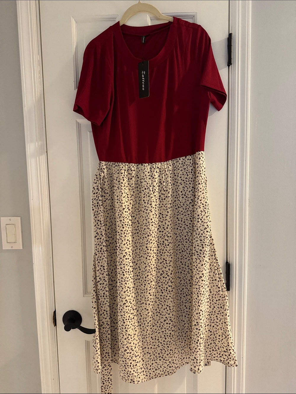 Two-Tone Red and Cream Midi Dress with Printed Skirt